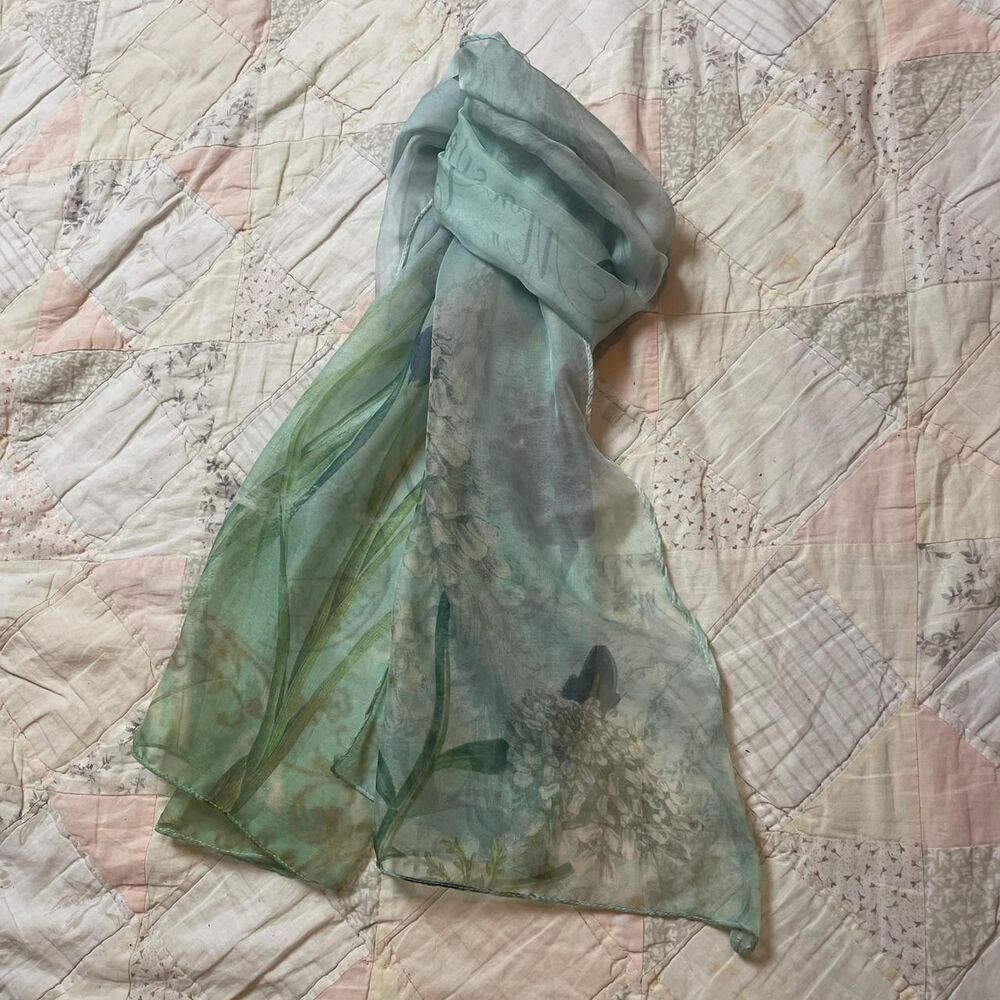 vintage coquette french teal blue floral sheer fairy butterfly scarf